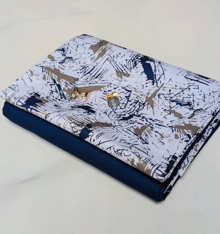 Ensemble Prestigieux Tissu Coton Sénateur - Bleu Nuit et Beige
