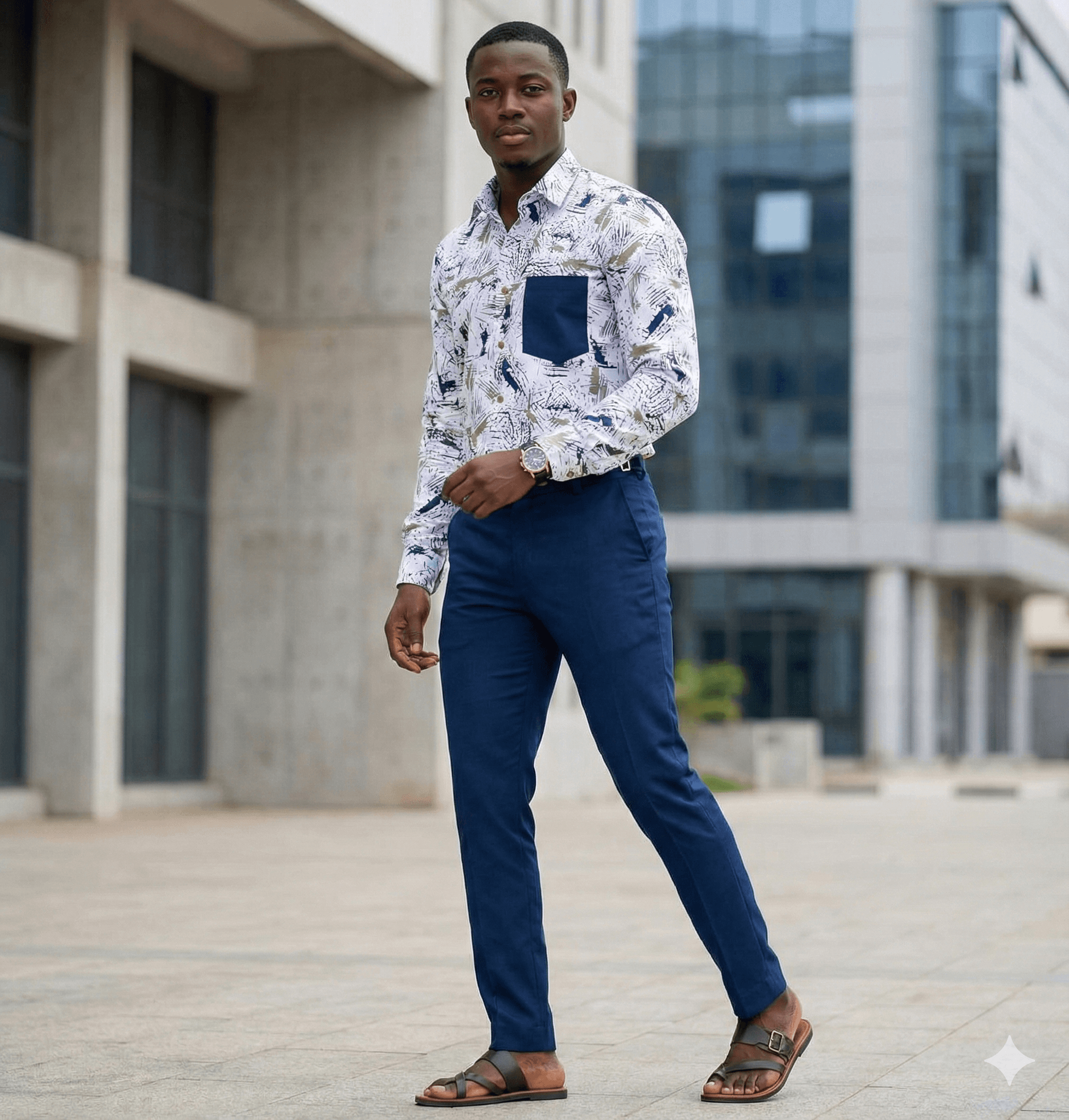 Ensemble Prestigieux Tissu Coton Sénateur - Bleu Nuit et Beige - Look