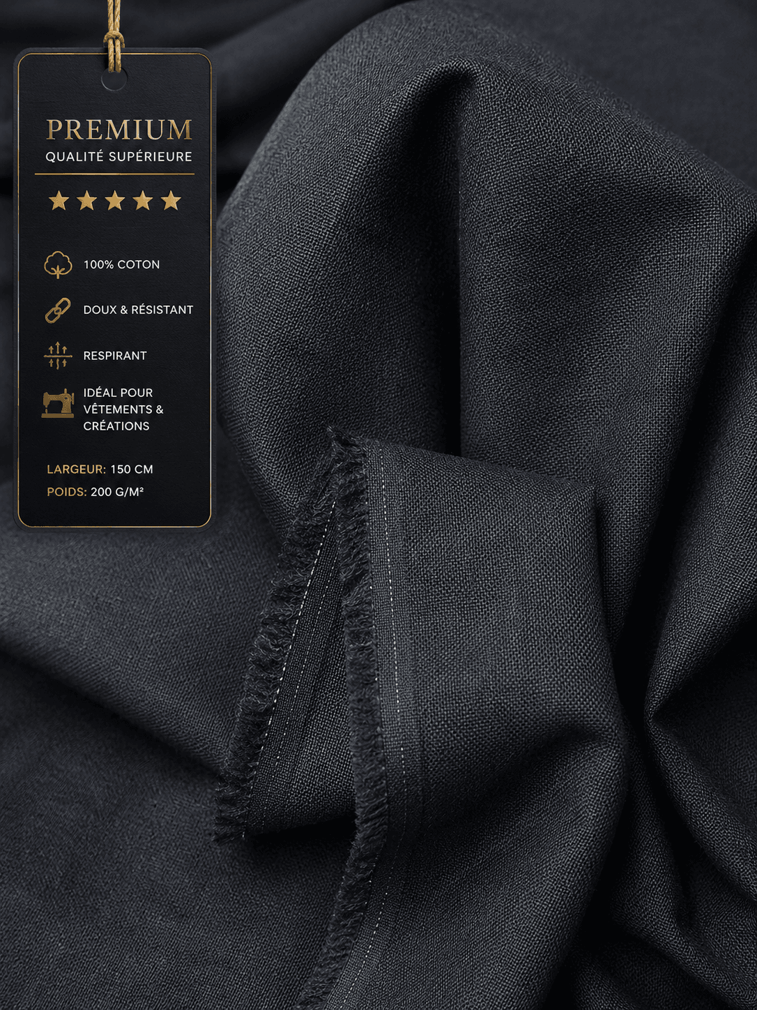 Tissu en Lin Premium Noir Anthracite