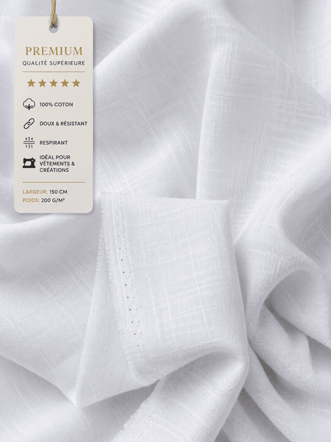 Tissu Lin Aspect Premium - Blanc Pur