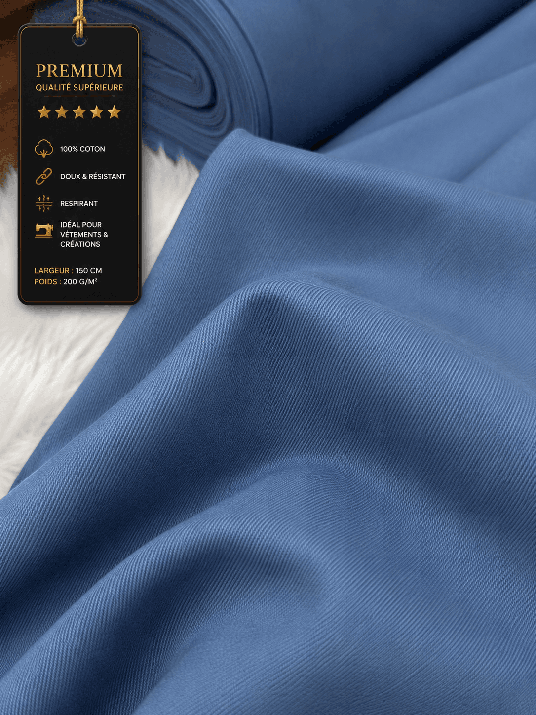 Tissu Coton Bleu Acier